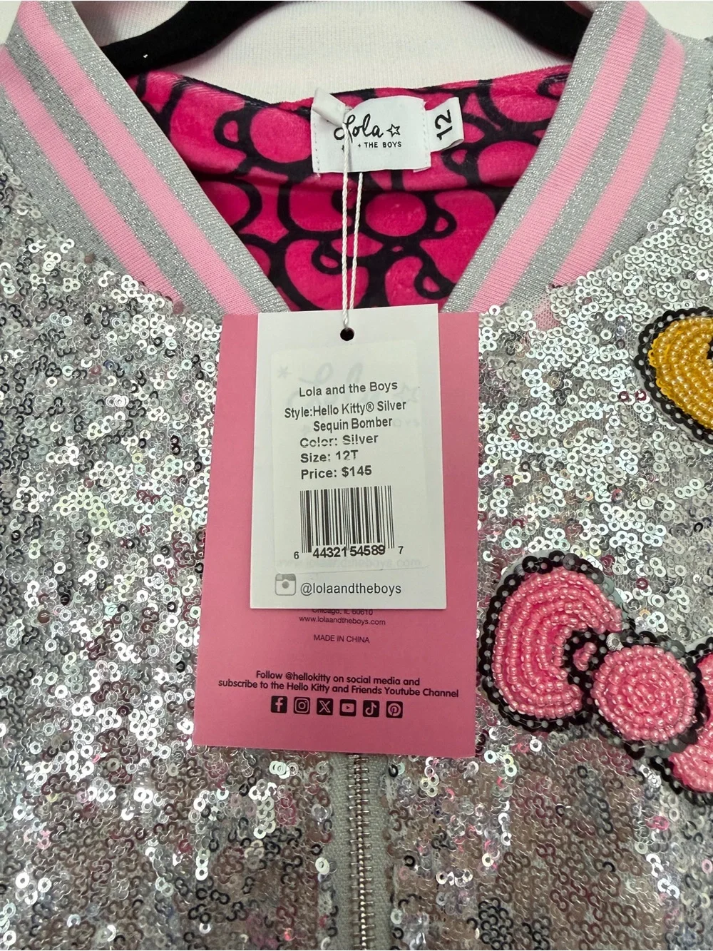 NWT Girl’s Lola + The Boys Hello Kitty Silver Sequin Bomber Jacket. Size 12.